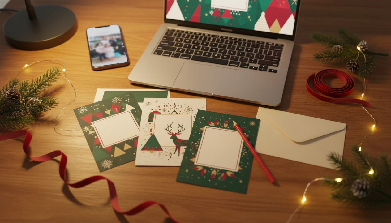 A kitchen table shows a phone photo, laptop, printed card proofs, envelopes, and holiday accents.